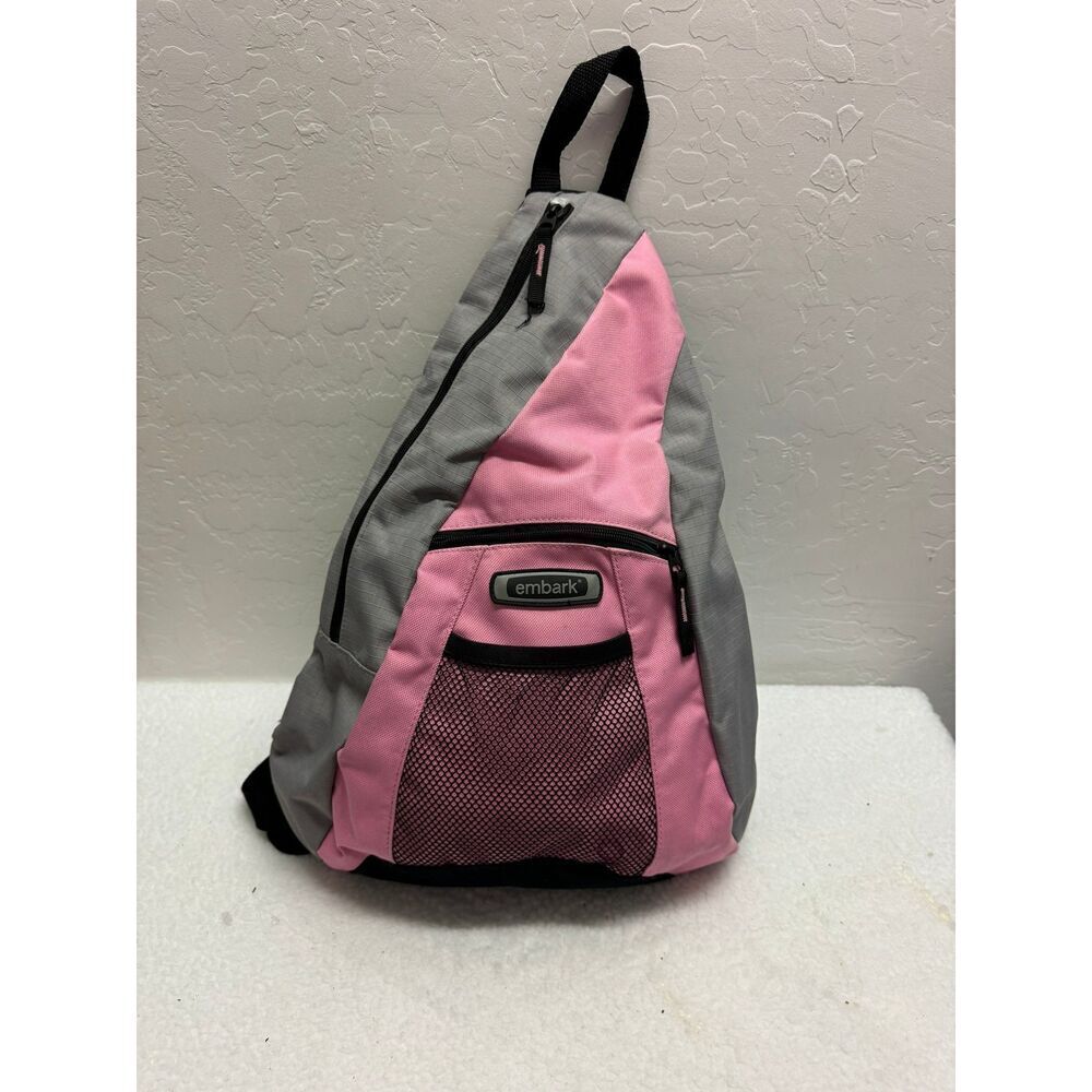 Embark Gray Pink Single Strap Sling Backpack Front Mesh Pocket Zip‎ Closures
